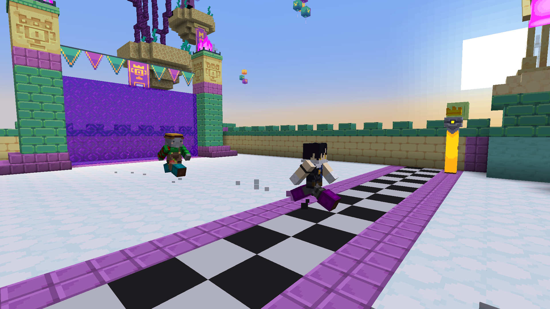 A player running over a finish line, behind them a portal surrounded in green and purple flags.