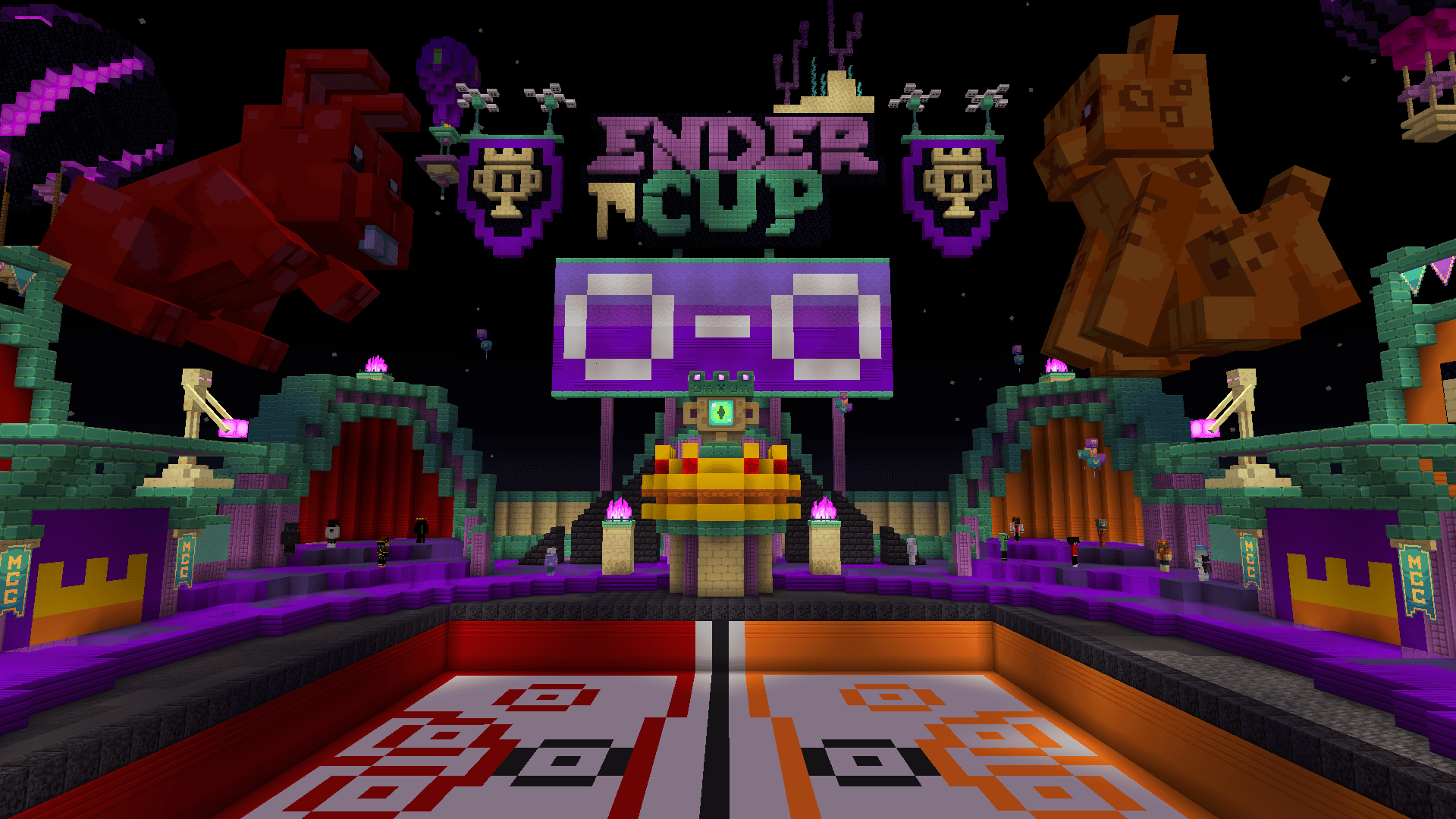 A large sunken arena. Floating above in air, a large red rabbit and orange ocelot hover above the arena. The score reads 0-0 and above that is written Ender Cup in purple and cyan blocks.