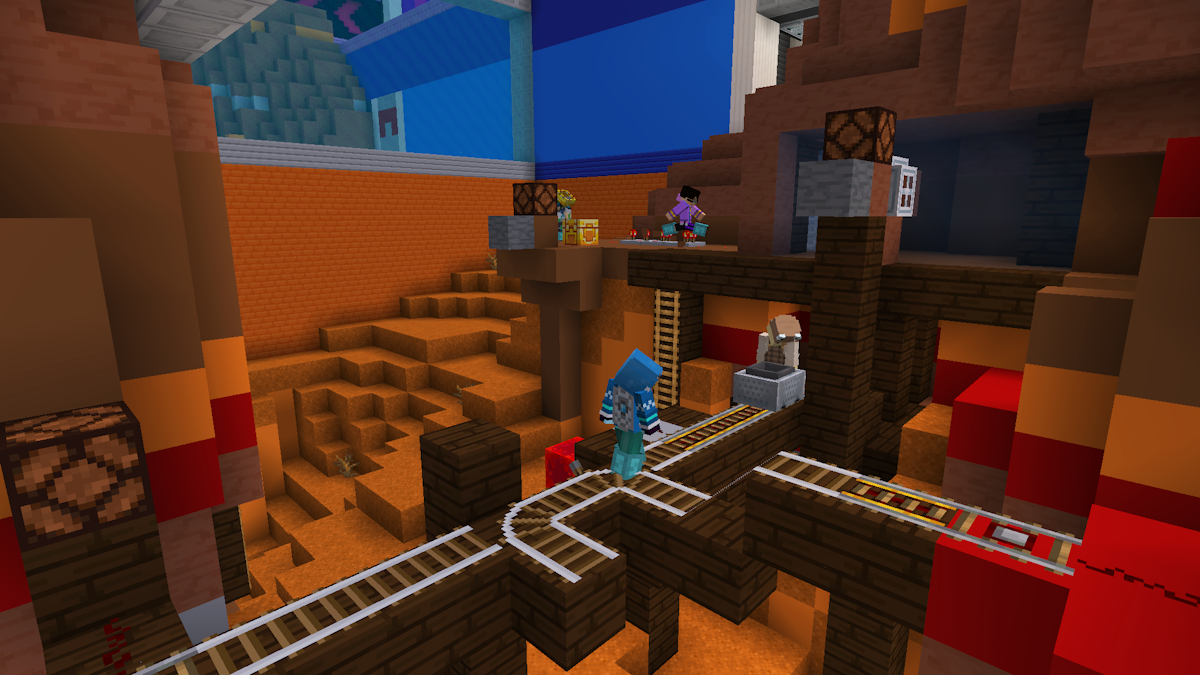 Players in armour in an orange and brown cliff valley, walking on a wooden rail track structure, with various ladders and redstone around.