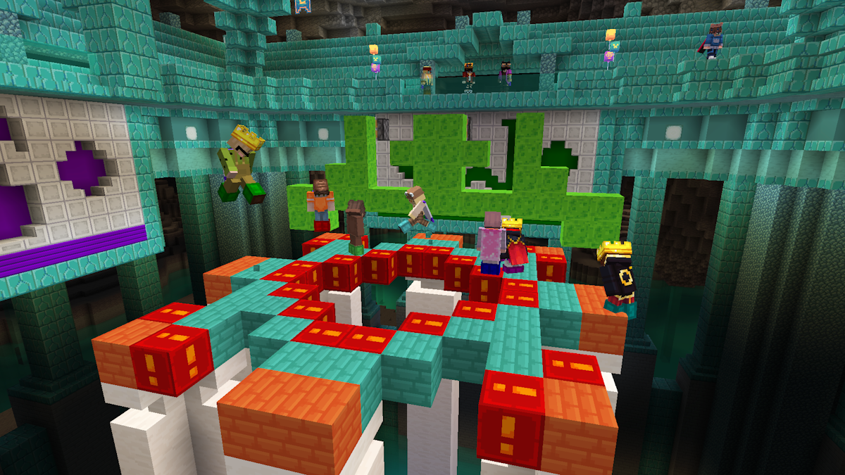 A few players stood on a blocky platform, with a cut out of a green structure coming towards them. Players are jumping or moving to avoid it.