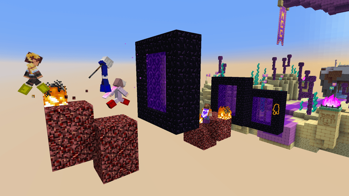 Players jumping through Nether portals and fires on netherrack blocks. End structures and plants are visible in the background under a clear sky.