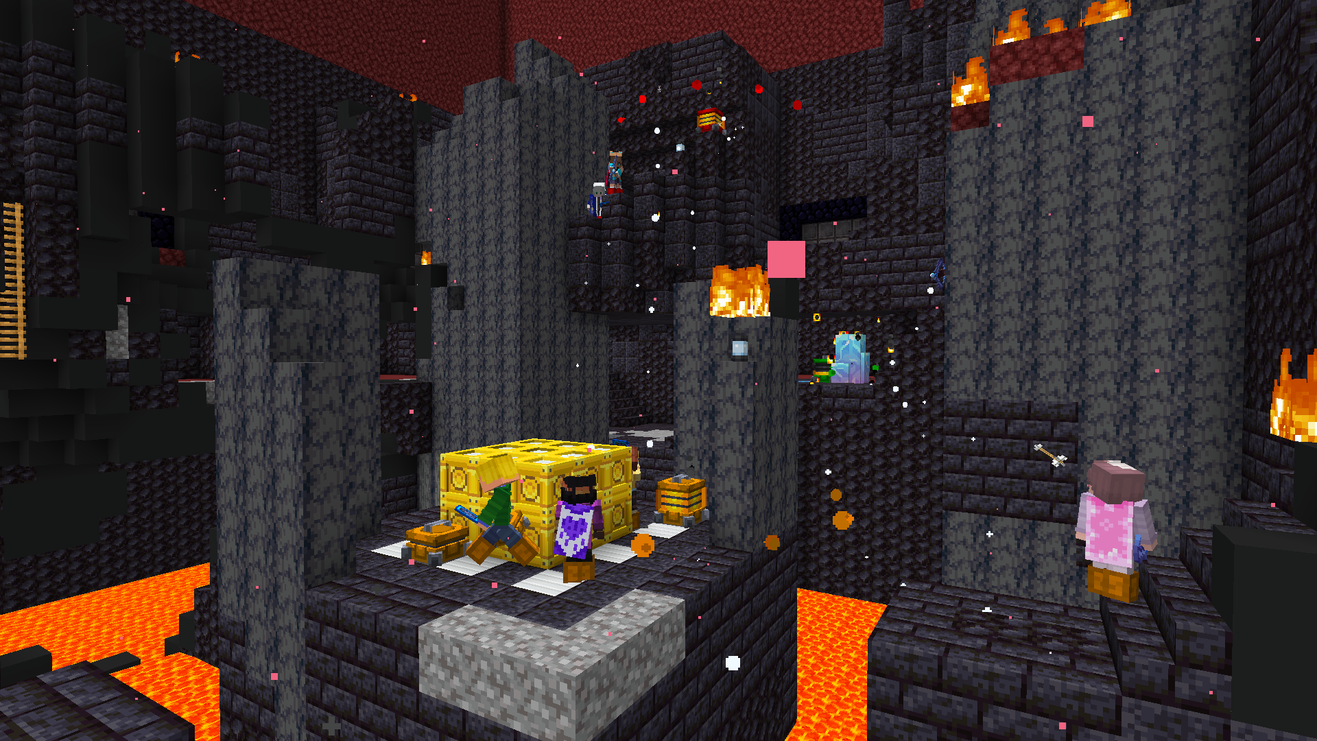 Characters jumping around in a Nether fortress. Ice blocks and gold blocks in the centre.