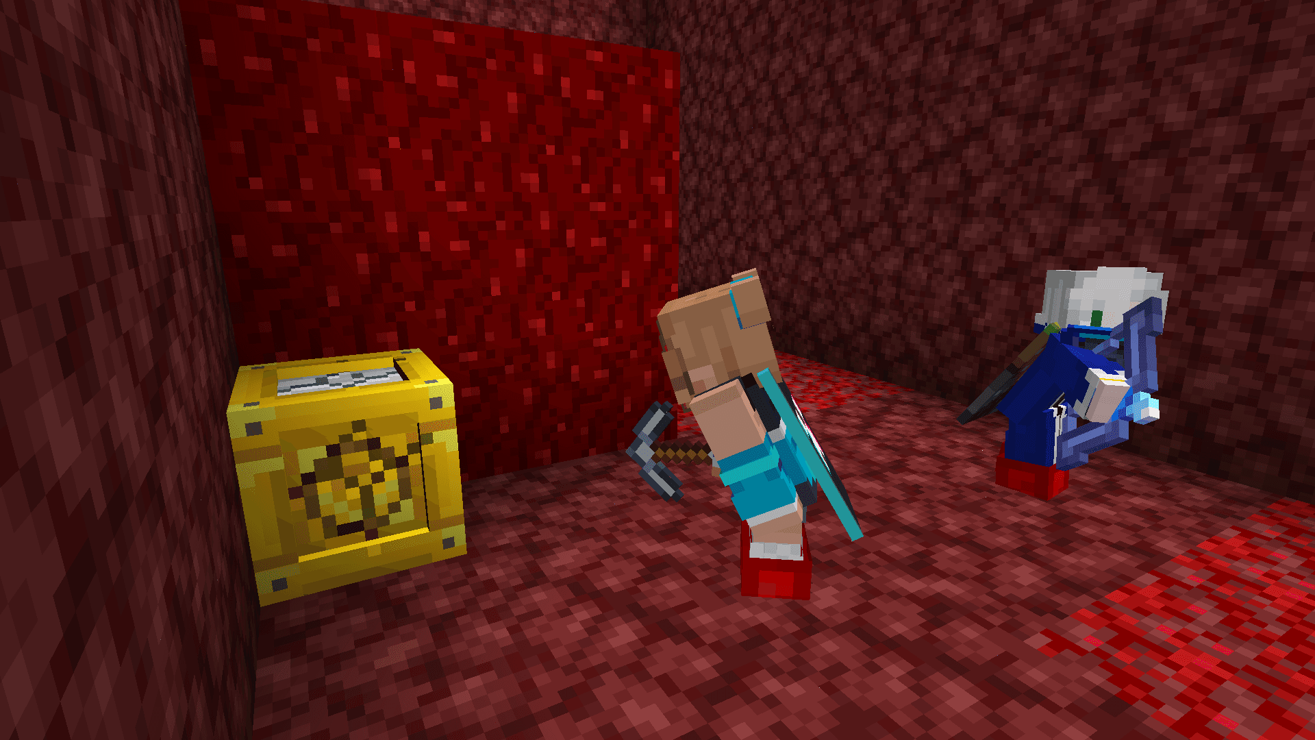 Two players, one with a pickaxe breaking down a gold block surrounded by red nether brick.