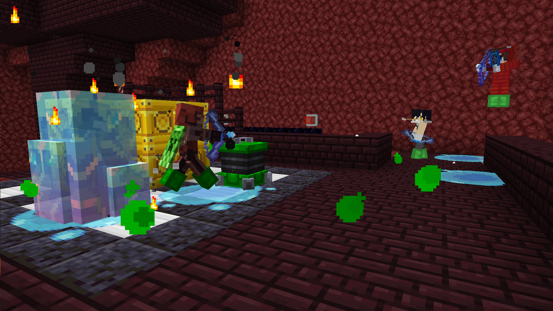 Two players are in a battle inside a Nether fortress. One character with a bow and shoots arrows, while the other wears armour and wields a sword. They are surrounded by floating green orbs and glowing blocks.