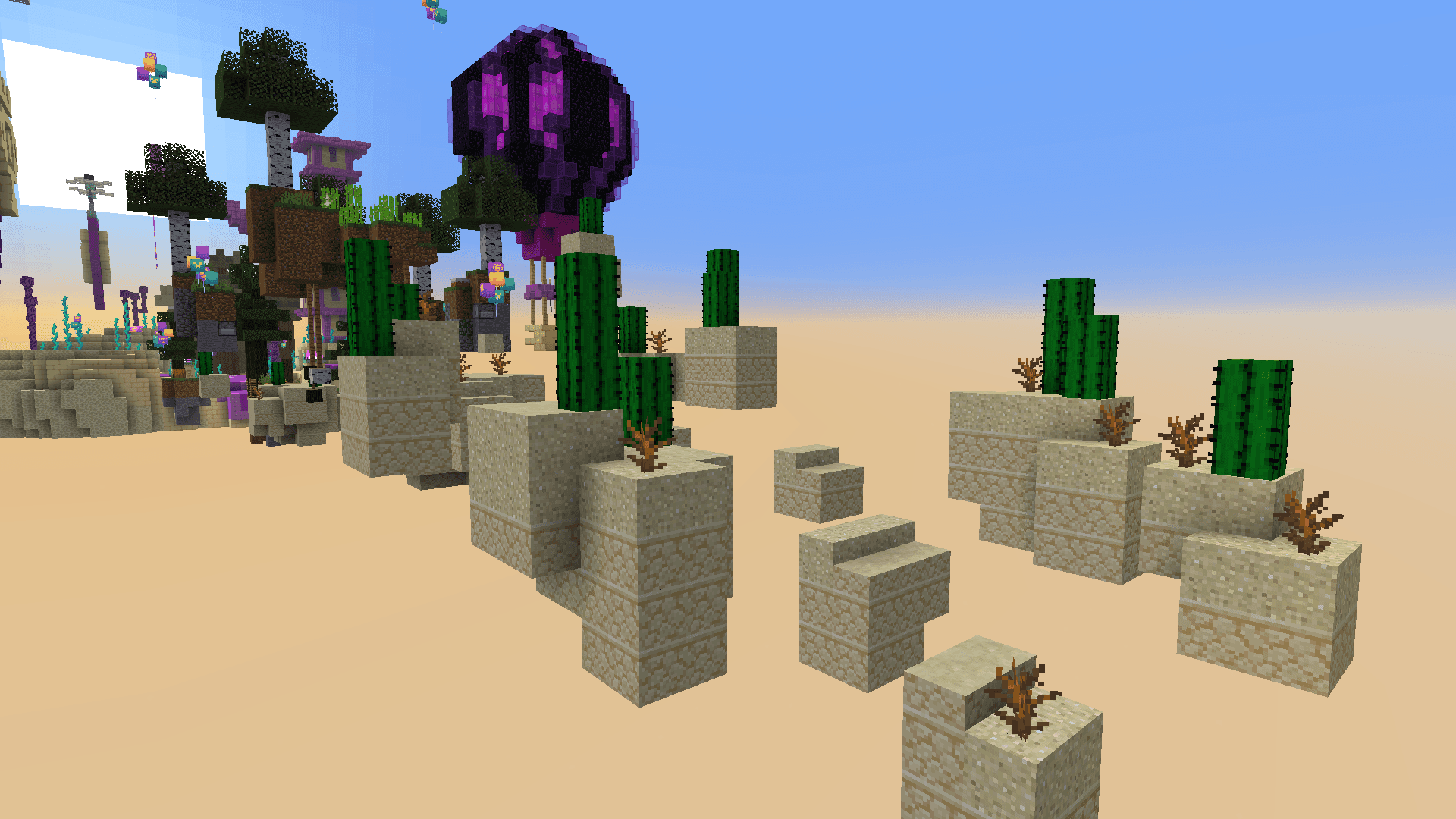 A desert scene, floating on islands featuring sand blocks, cacti, and dead bushes. In the background, there are floating, multi-coloured structures and trees above the sand.