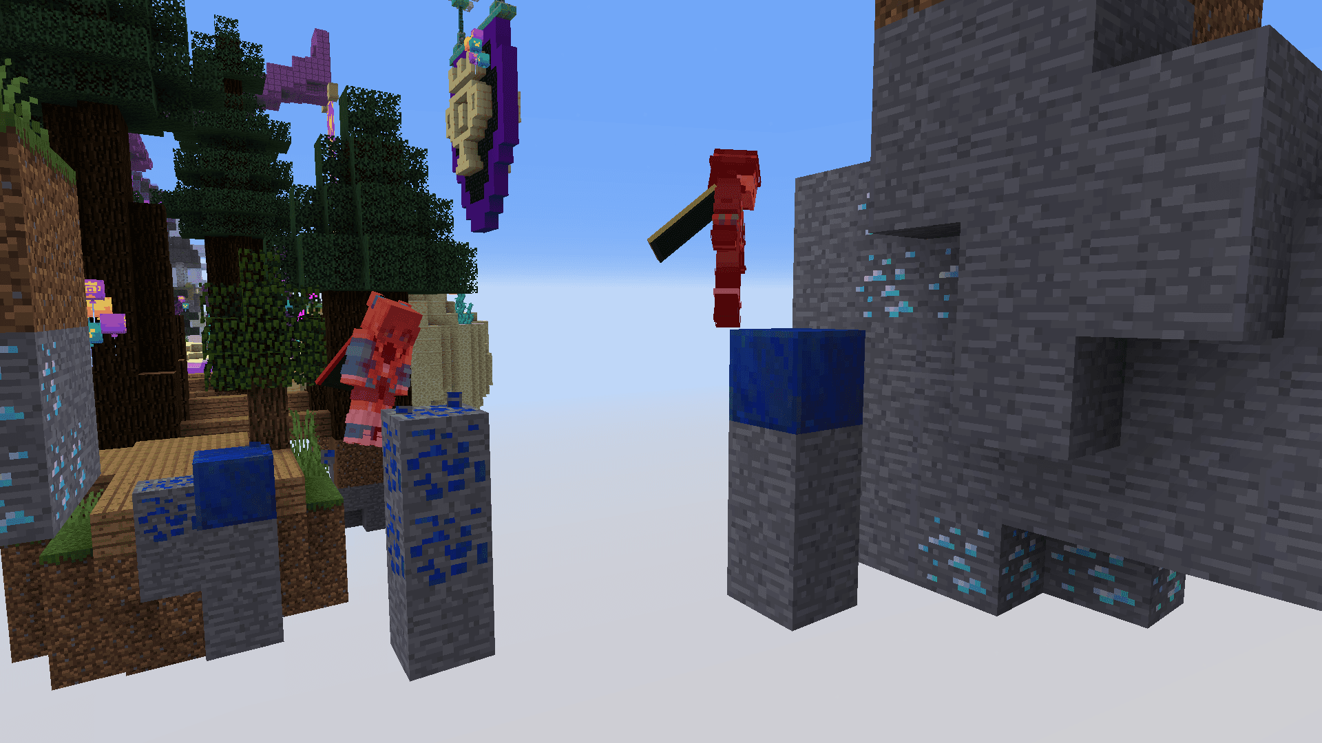 Pixelated characters standing on stone and ore blocks. One character is on a floating stone block with blue ores, jumping towards another area.