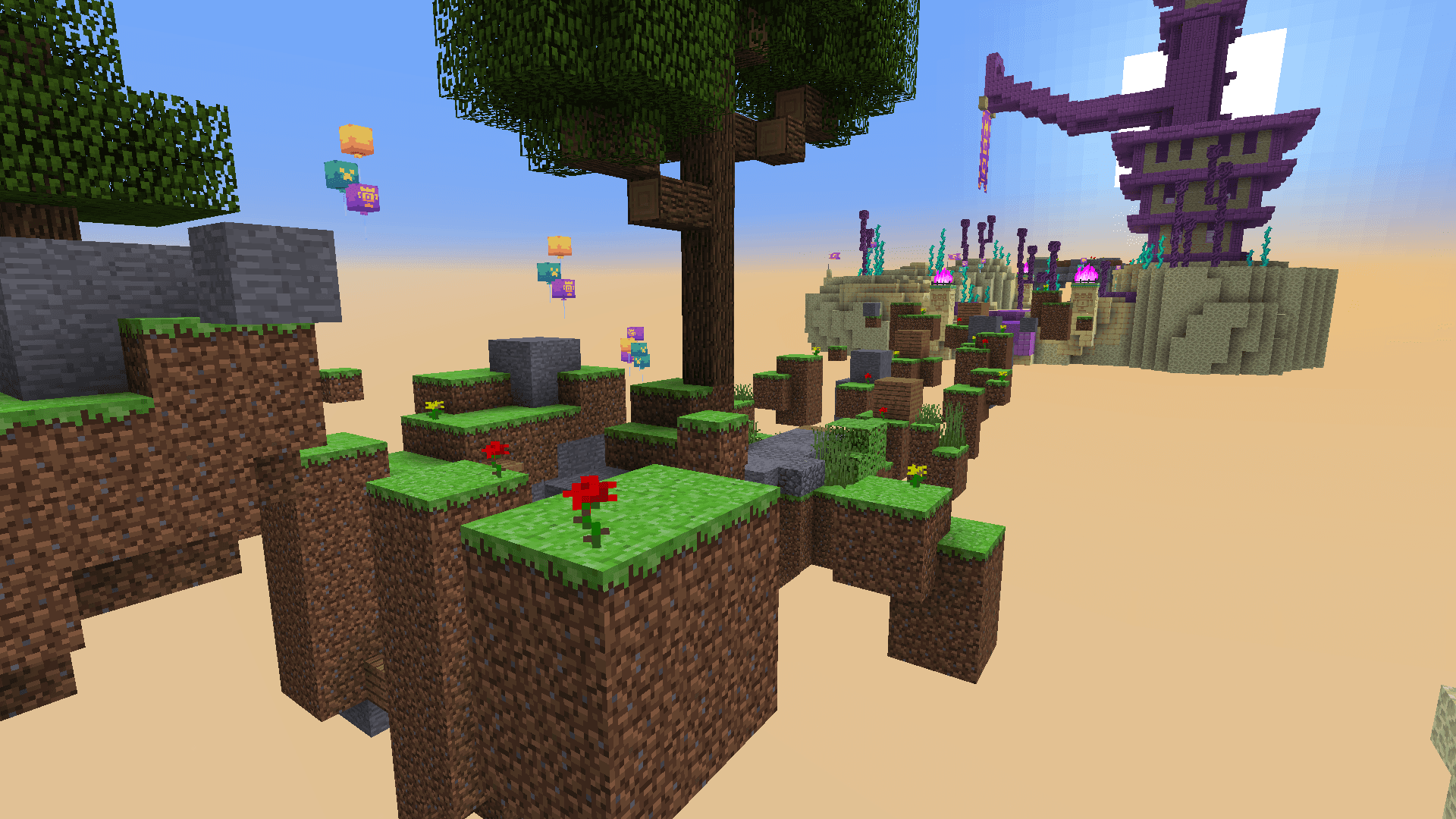 A Minecraft scene shows floating islands with grassy blocks, flowers, and trees. In the background, there's a large, multi-levelled purple structure. Colourful balloons or cubes are floating around the islands.