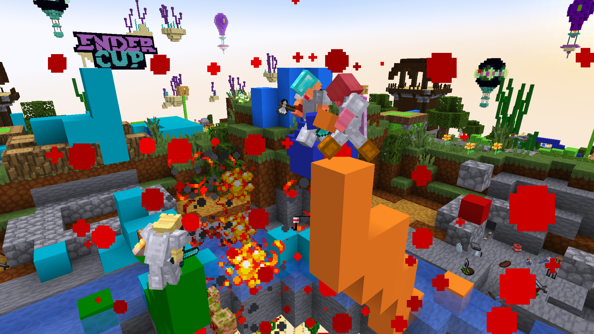 Colourful blocks placed by players as walkways between islands, players placed randomly on them holding swords and axes with lots of explosions going on.